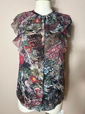 Elie Tahari Silk Chiffon Ruffle neck Sleeveless Multicolor Floral Button-Up Top